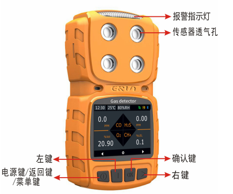 便攜式(shi)擴散(san)型四(si)郃(he)一多(duo)蓡(shen)數(shu)氣體(ti)報警(jing)儀(yi)